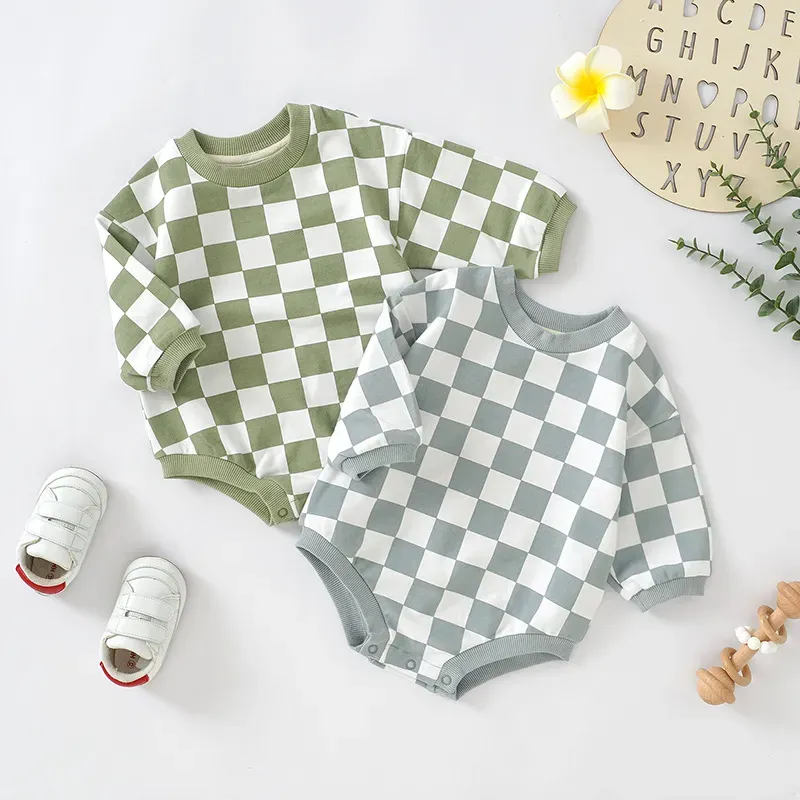 Wholesale Kids Baby Boys Girls Casual Cute Plaid Print Long Sleeve Romper