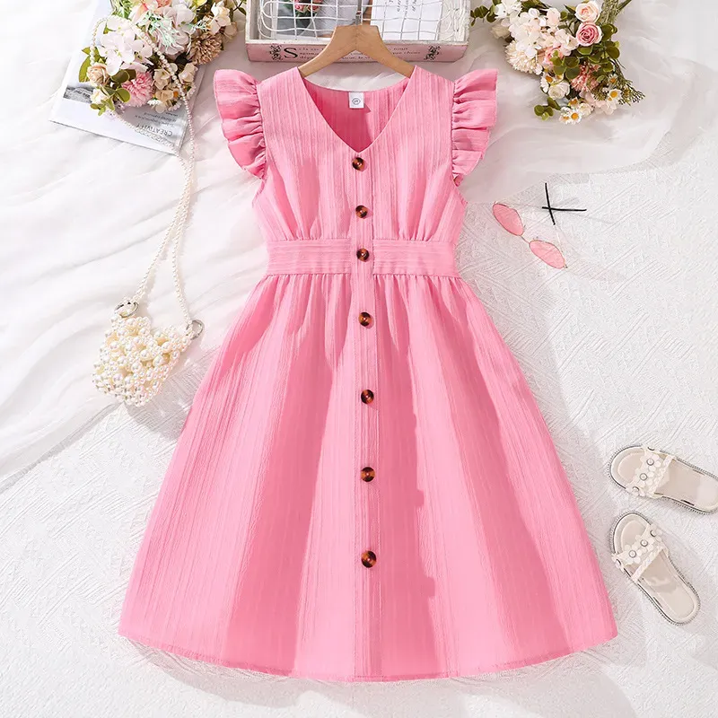 Wholesale Kids Girls Fashion Stripe V-Neck Flutter Sleeve Button Dress - Image 9