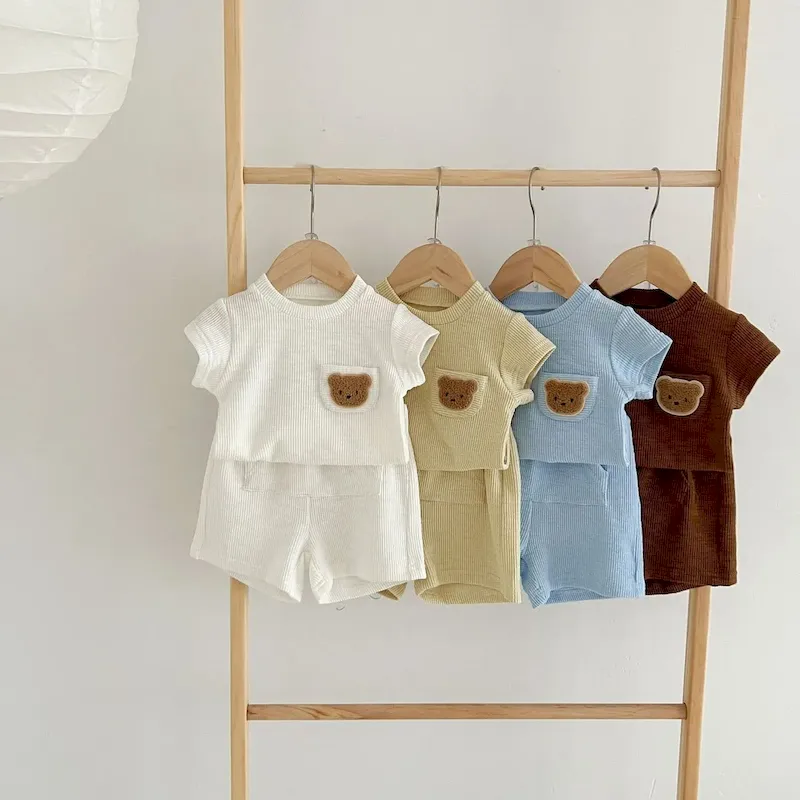 Wholesale Kids Baby Boys Girls Casual Cute Cartoon Bear Stripe Short Sleeve Top Shorts Sets - Image 3