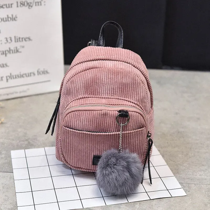 Cute Fashion Mini All-matched Big Fluffy Ball Pendant Pockets Canvas Backpacks For Young Girl - Image 3