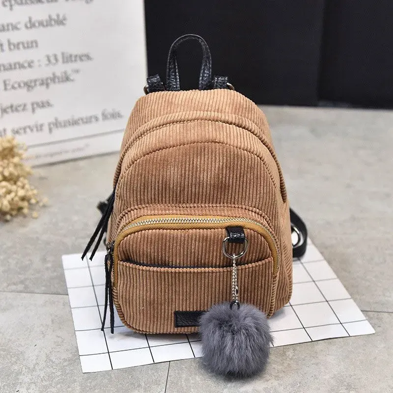 Cute Fashion Mini All-matched Big Fluffy Ball Pendant Pockets Canvas Backpacks For Young Girl - Image 7