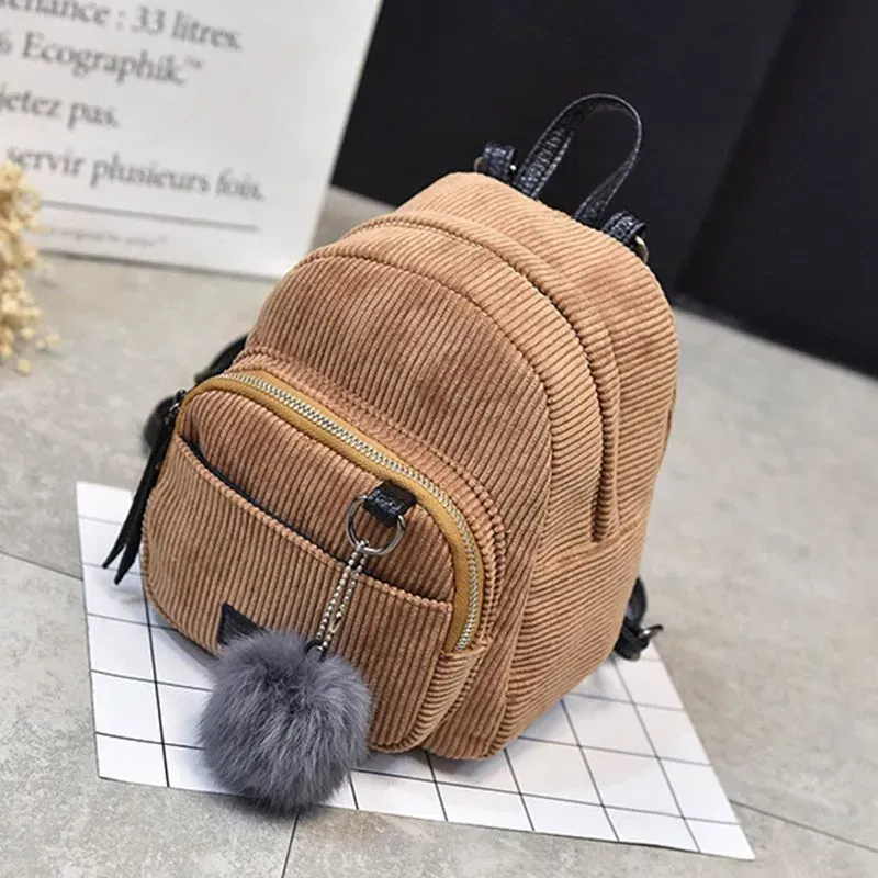 Cute Fashion Mini All-matched Big Fluffy Ball Pendant Pockets Canvas Backpacks For Young Girl - Image 8