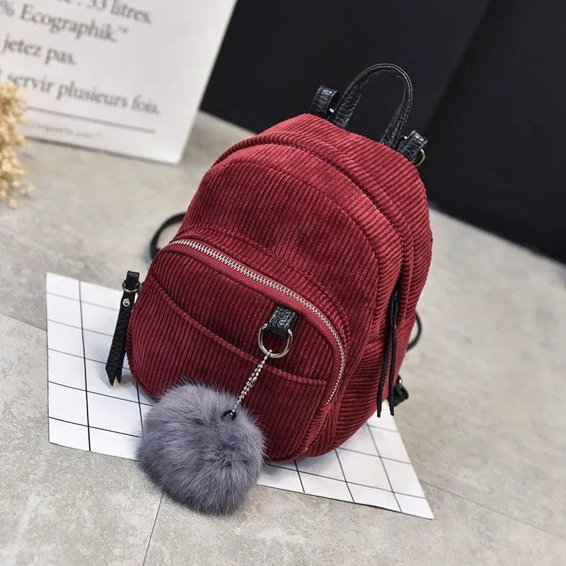 Cute Fashion Mini All-matched Big Fluffy Ball Pendant Pockets Canvas Backpacks For Young Girl - Image 10