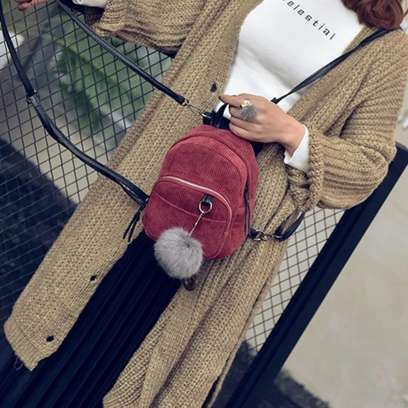 Cute Fashion Mini All-matched Big Fluffy Ball Pendant Pockets Canvas Backpacks For Young Girl - Image 11