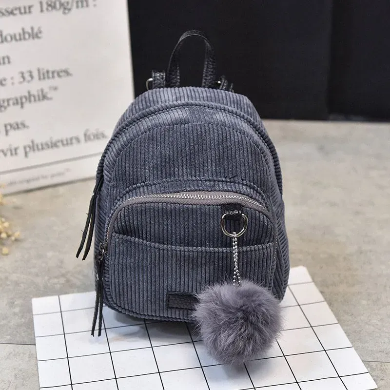 Cute Fashion Mini All-matched Big Fluffy Ball Pendant Pockets Canvas Backpacks For Young Girl - Image 13