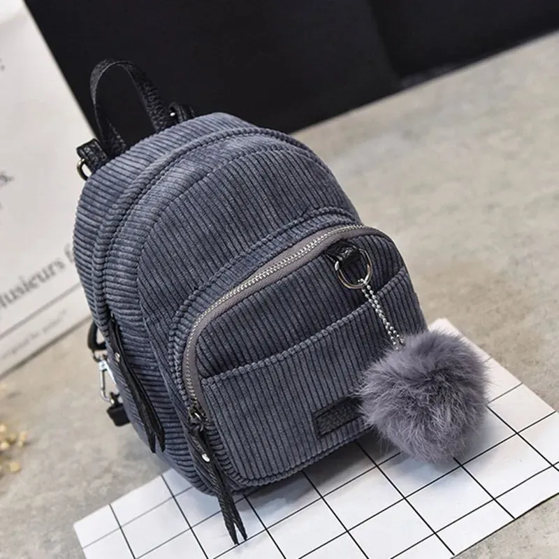 Cute Fashion Mini All-matched Big Fluffy Ball Pendant Pockets Canvas Backpacks For Young Girl - Image 14
