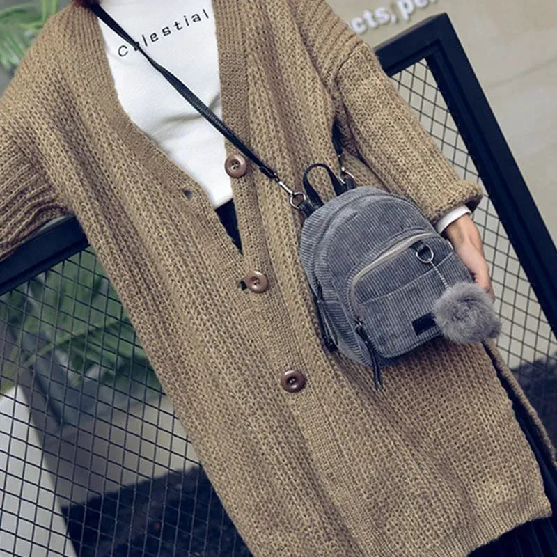 Cute Fashion Mini All-matched Big Fluffy Ball Pendant Pockets Canvas Backpacks For Young Girl - Image 15