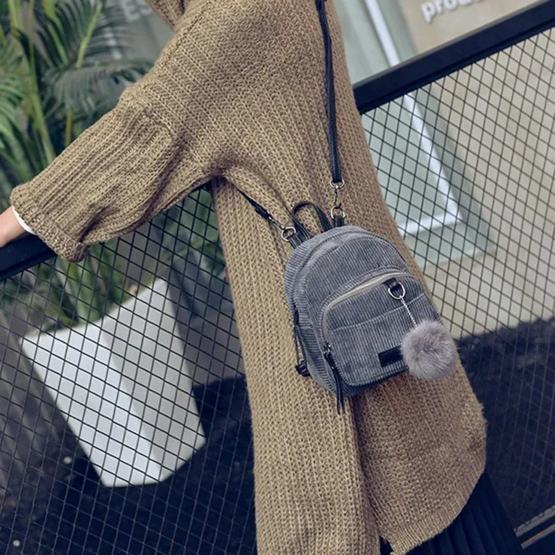 Cute Fashion Mini All-matched Big Fluffy Ball Pendant Pockets Canvas Backpacks For Young Girl - Image 16