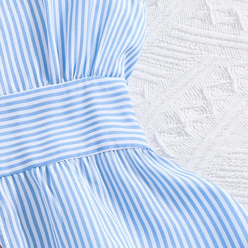 Wholesale Kids Girls Fashion Stripe V-Neck Flutter Sleeve Button Dress - Image 4