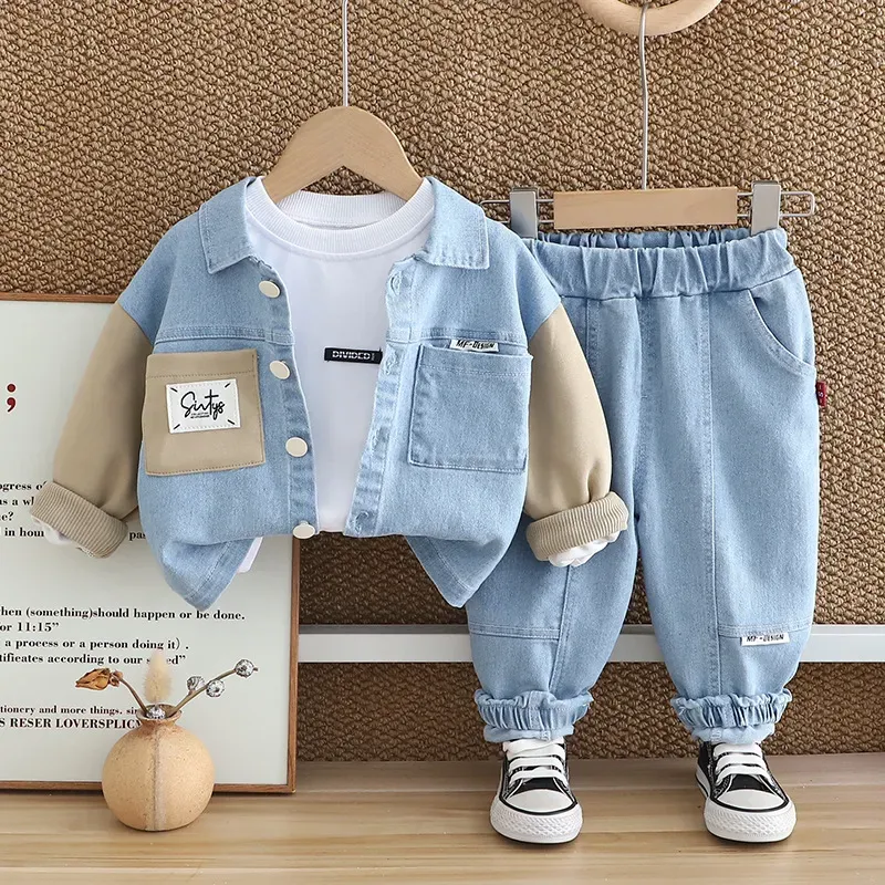 Wholesale Boys' Fashion Casual T-Shirt Lapel Splicing Long-Sleeve Denim Jacket Jeans Three-Piece Set - Image 4