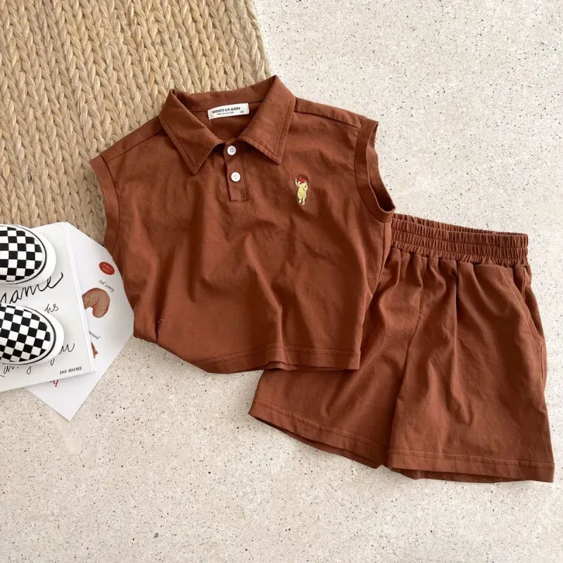 Wholesale Kids Casual Cartoon Embroidery Lapel Sleeveless Loose Top And Elastic Waist Shorts Set - Image 12
