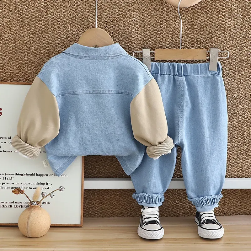 Wholesale Boys' Fashion Casual T-Shirt Lapel Splicing Long-Sleeve Denim Jacket Jeans Three-Piece Set - Image 3