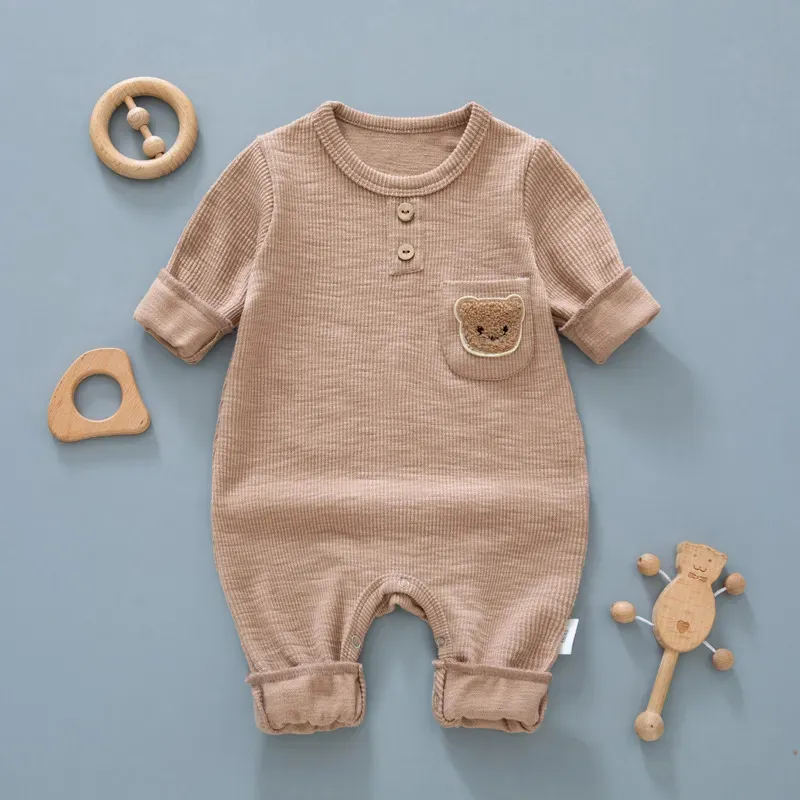Wholesale Kids Baby Boys Girls Casual Cute Cartoon Bear Long Sleeve Romper - Image 3