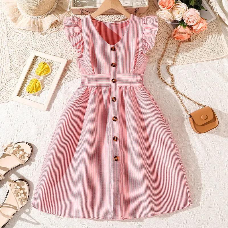 Wholesale Kids Girls Fashion Stripe V-Neck Flutter Sleeve Button Dress - Image 11