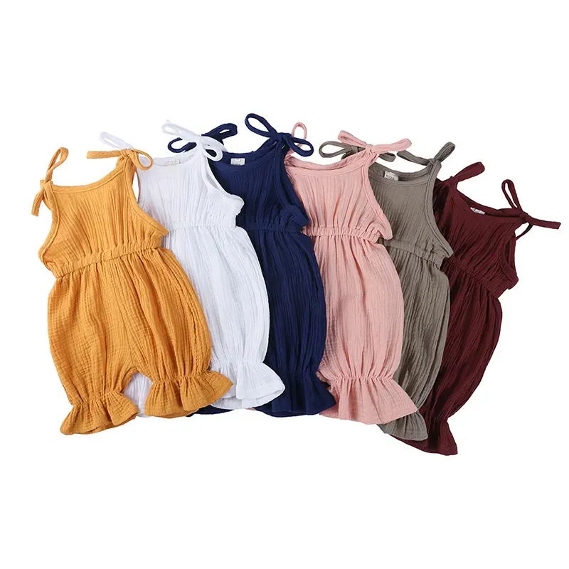 Wholesale Baby Girls Crease Solid Color Lace-up Romper - Image 8