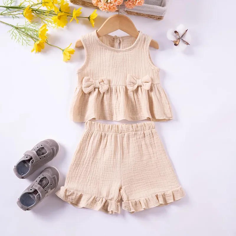 Wholesale Summer Girls Sweet Cute Bow Cotton Tank Top Shorts Ruffled Set - Image 3
