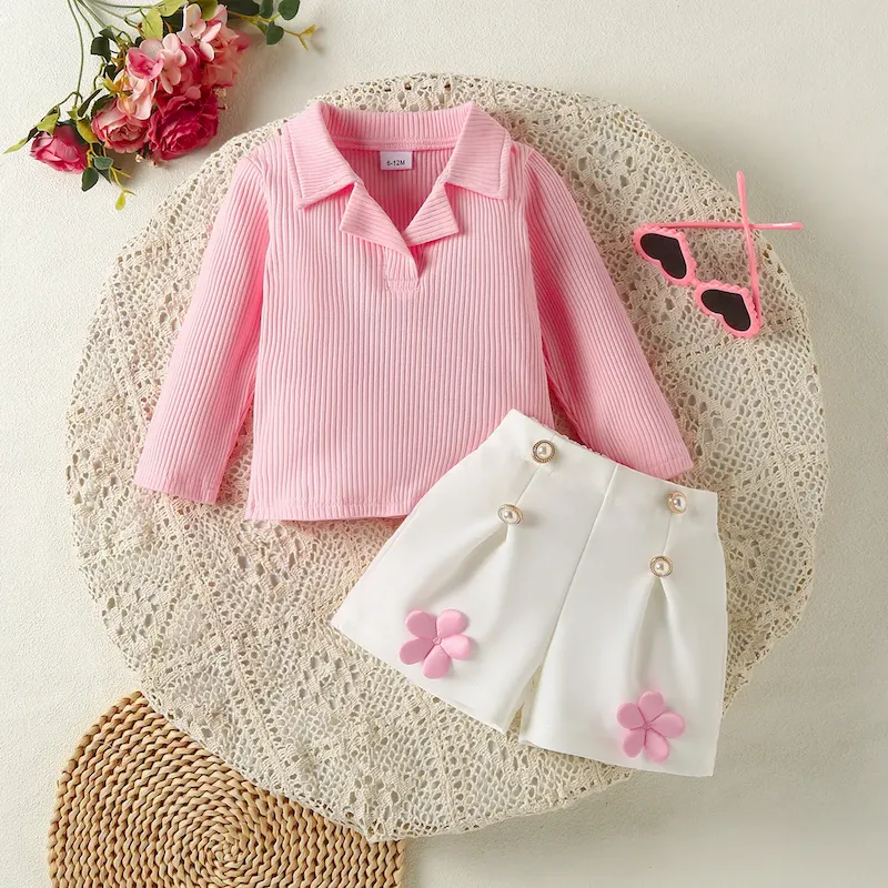 Wholesale Kids Girls' Fashion Solid Color Lapel Long Sleeve Top Pleated Flower Shorts 2-Piece Set - Image 3