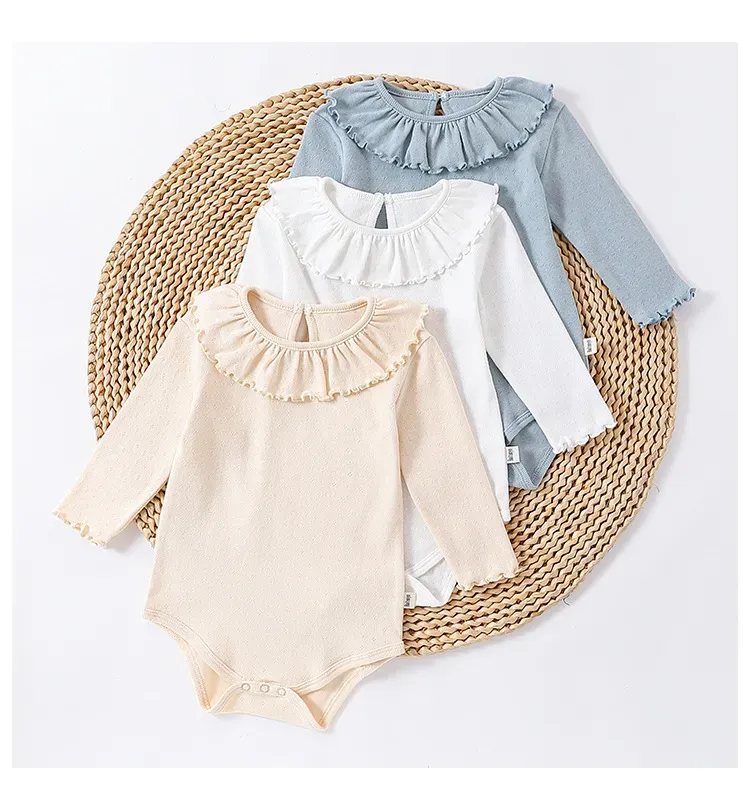 Wholesale Kids Baby Girl Fashion Solid Color Ledge Collar Long-Sleeve Cotton Rompers - Image 2