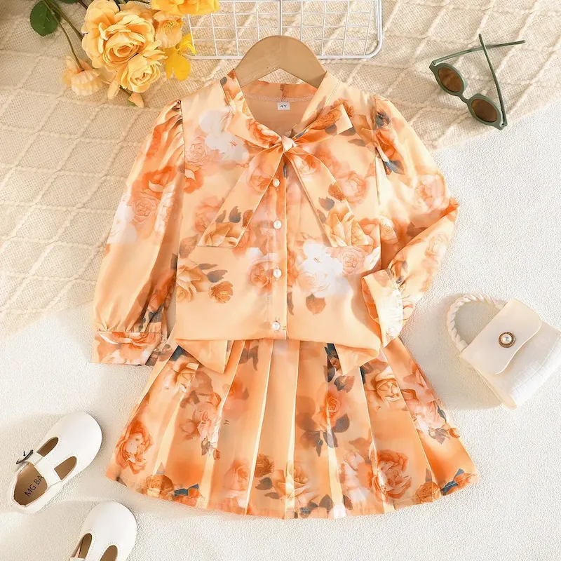Wholesale Kids Girls Fashion Casual Flower Printed Lapel Long-Sleeve Shirts Pleated Skirts Two-Piece Set - Image 3