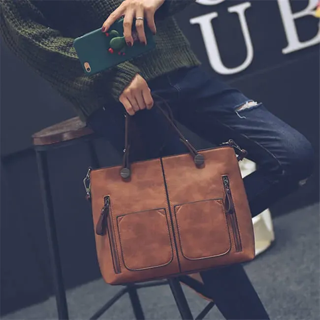 Women Fashion Large Capacity Zipper Patchwork Square Shape Handle Bag - Image 3