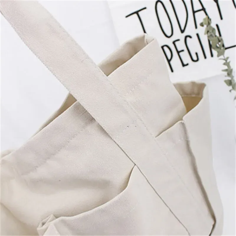 Women Solid Color Large Capacity Pocket Canvas Tote Bag - Image 7
