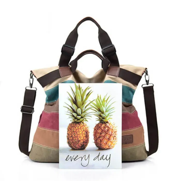 Women Retro Color Blocking Patchwork Large Capacity Canvas Tote Bag - Image 3