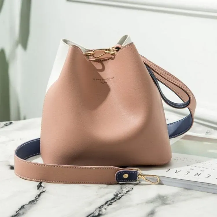 Women Fashion Color Blocking Patchwork PU Bucket Bag - Image 10