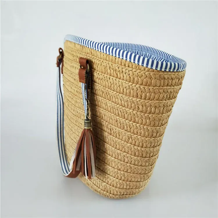 Women Simple Patchwork Tassel Decorative Large Capacity Weave Shoulder Bag - Image 3