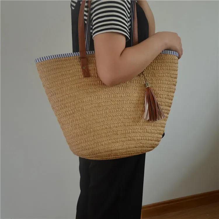 Women Simple Patchwork Tassel Decorative Large Capacity Weave Shoulder Bag - Image 4