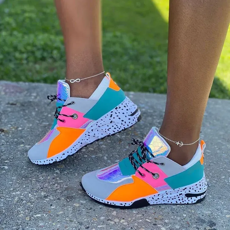 Size:4.5-11Women Casual Plus Size Leopard Printed Patchwork Lace Up Sneakers - Image 4