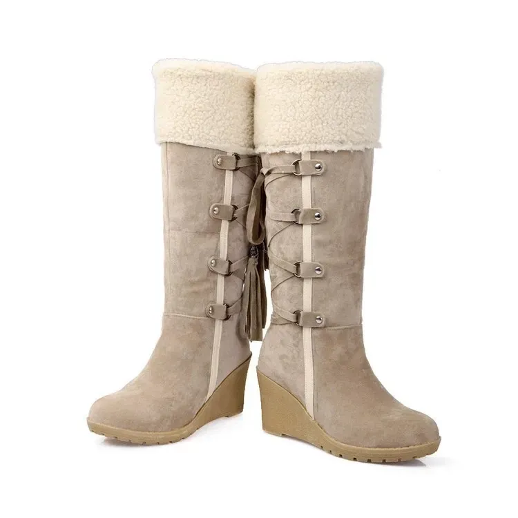 Size:4.5-11 Women Wedges Tassel Lace-up High Boots - Image 4