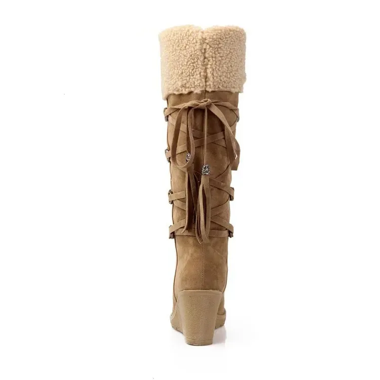 Size:4.5-11 Women Wedges Tassel Lace-up High Boots - Image 8