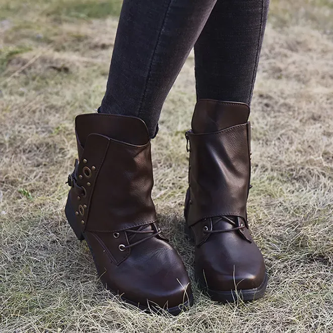 Size:4.5-11 Women Retro Solid Color Side Zipper Short Boots - Image 8