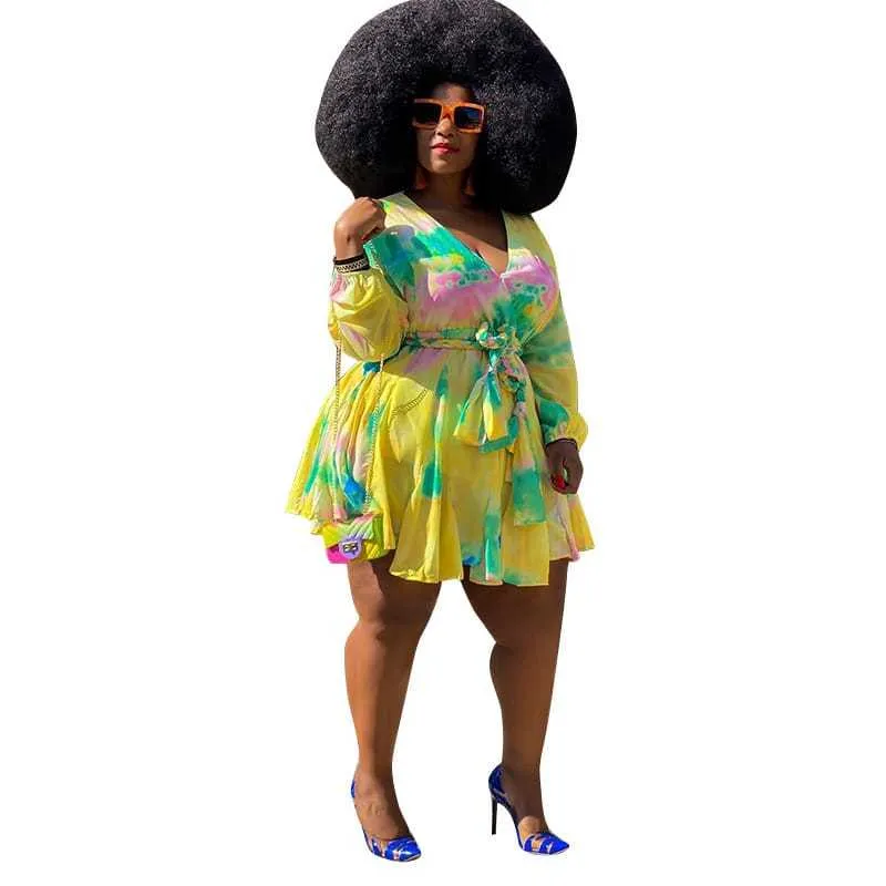 2XL-5XL Women Fashion Plus Size Deep V Geometric Print Long Sleeve Swing Dress - Image 7