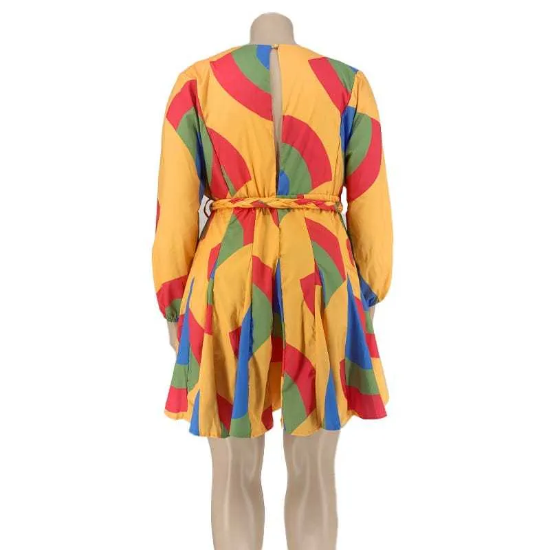 2XL-5XL Women Fashion Plus Size Deep V Geometric Print Long Sleeve Swing Dress - Image 14