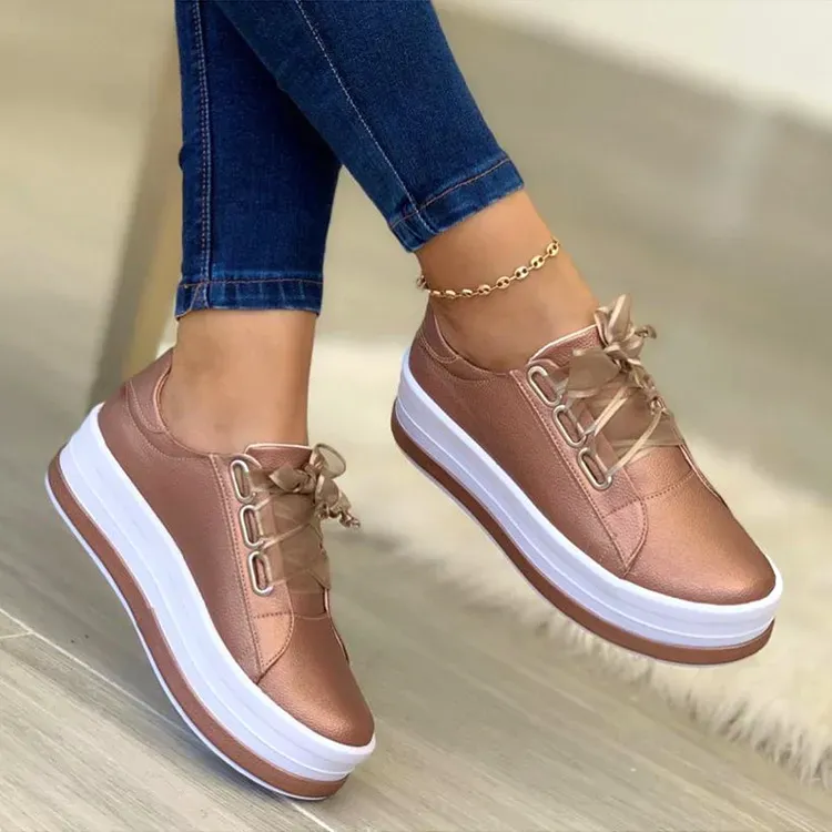 Women Casual Round Toe Lace-up Block Color Platform Shoes PU Sneakers - Image 3