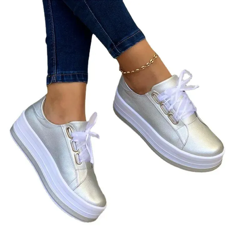 Women Casual Round Toe Lace-up Block Color Platform Shoes PU Sneakers - Image 5