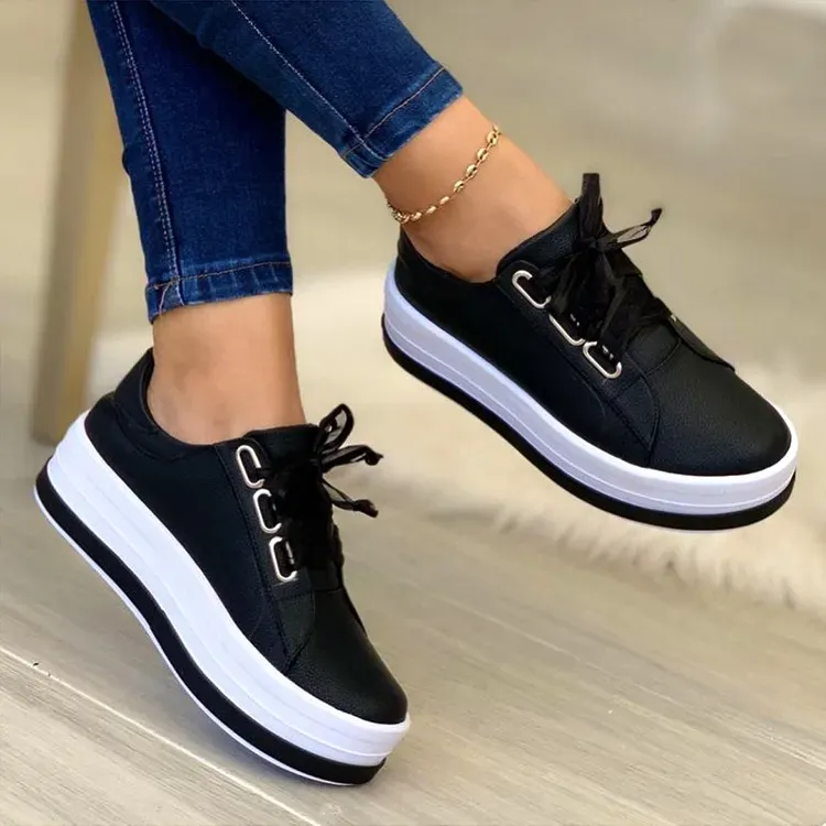 Women Casual Round Toe Lace-up Block Color Platform Shoes PU Sneakers - Image 6