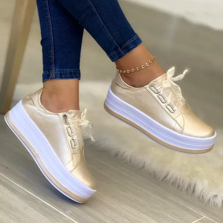 Women Casual Round Toe Lace-up Block Color Platform Shoes PU Sneakers - Image 7