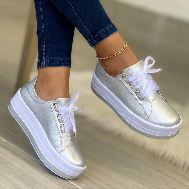Women Casual Round Toe Lace-up Block Color Platform Shoes PU Sneakers - Image 8