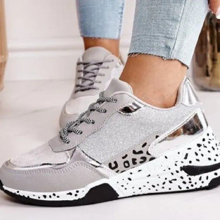 Women Fashion Casual Leopard Print Color Matching Lace-up Platform Sneakers - Image 2