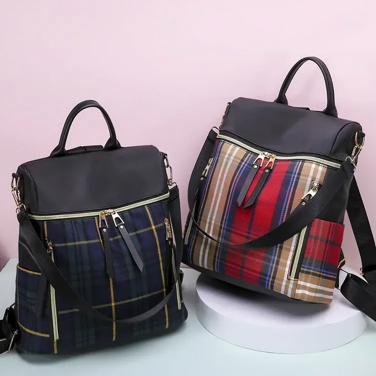 Nylon Travel Outdoor Waterproof Women Casual Zipper Design Plaid Pattern Solid Color Large Capacity Backpack