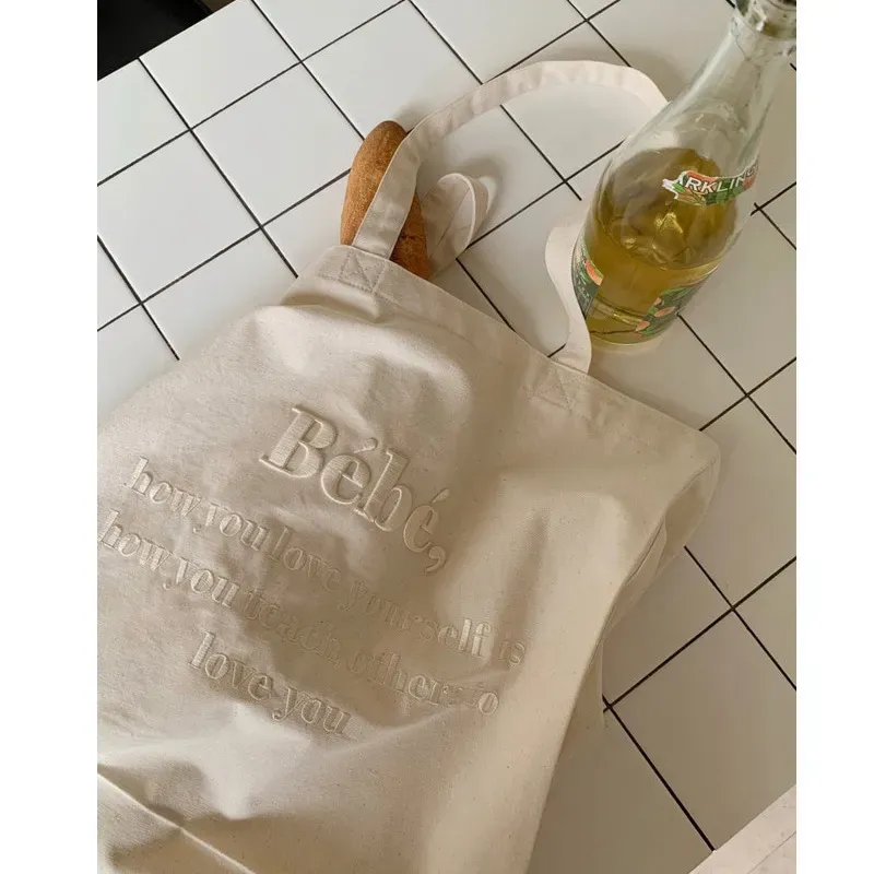 Embroidered Women Casual Design Solid Color Letter Pattern Canvas Large Capacity Shoulder Handle Tote Bag - Image 4