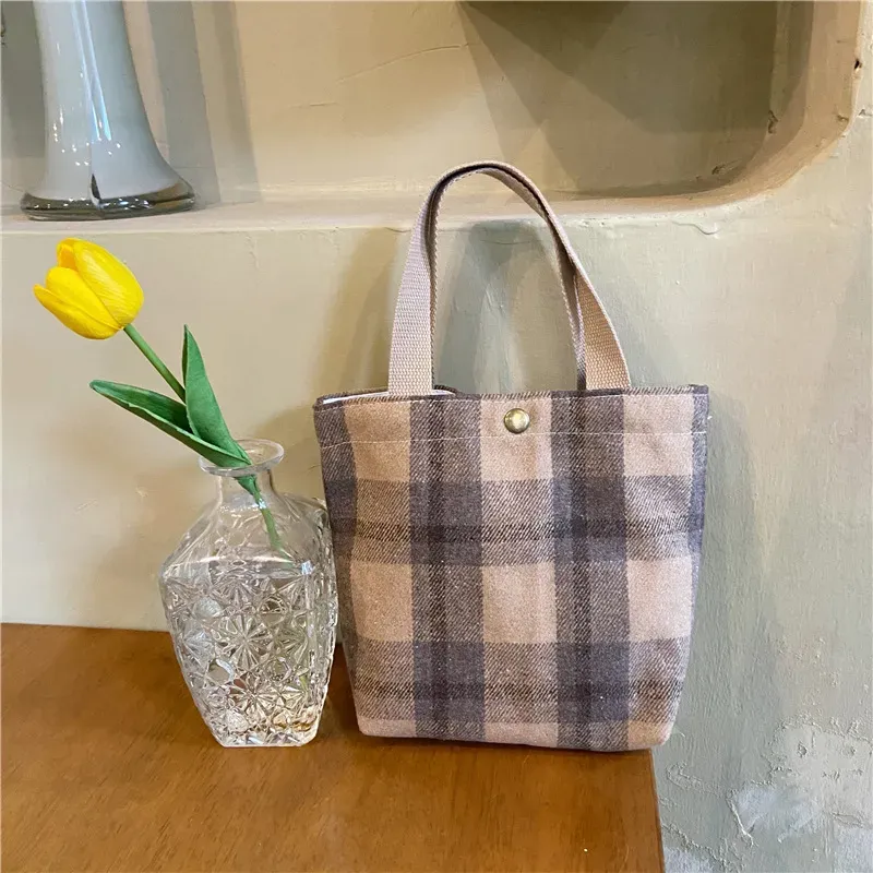 Women Casual Design Plaid Pattern Solid Color Canvas Handle Bag