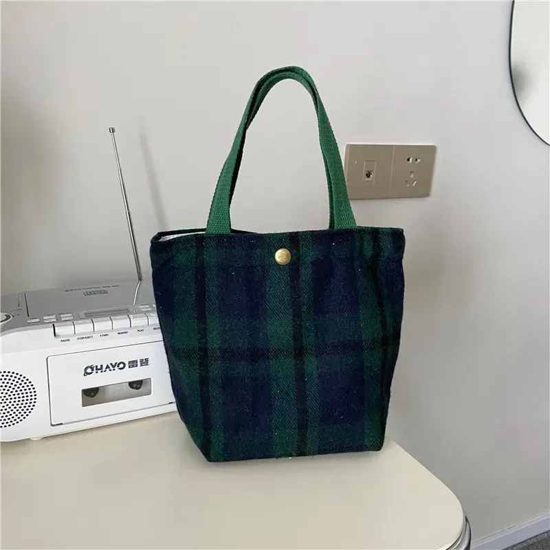 Women Casual Design Plaid Pattern Solid Color Canvas Handle Bag - Image 5