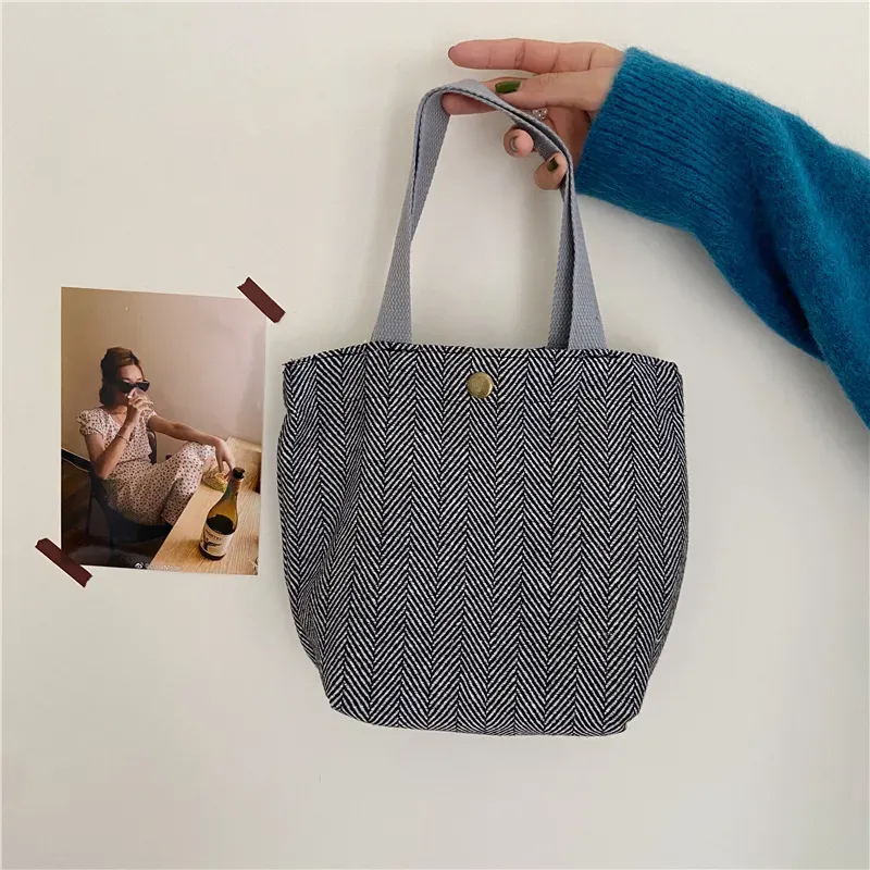 Women Casual Design Plaid Pattern Solid Color Canvas Handle Bag - Image 6