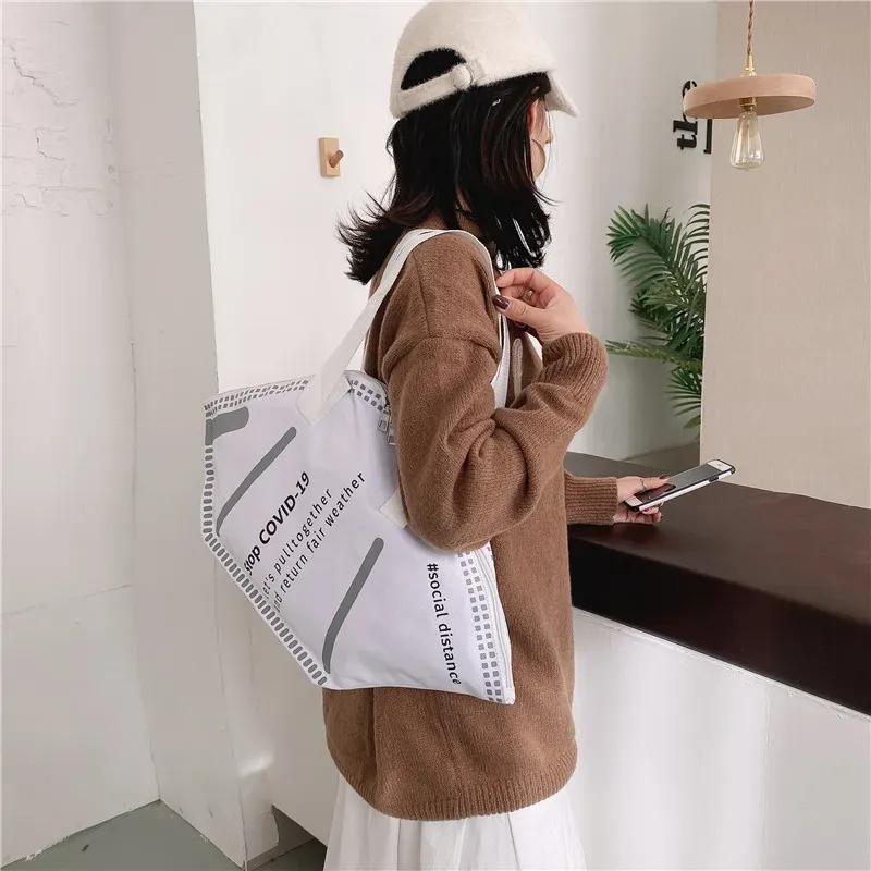 Mask Shape Women Creative Design Letter Pattern Large Capacity Shoulder Handle Bag - Image 4