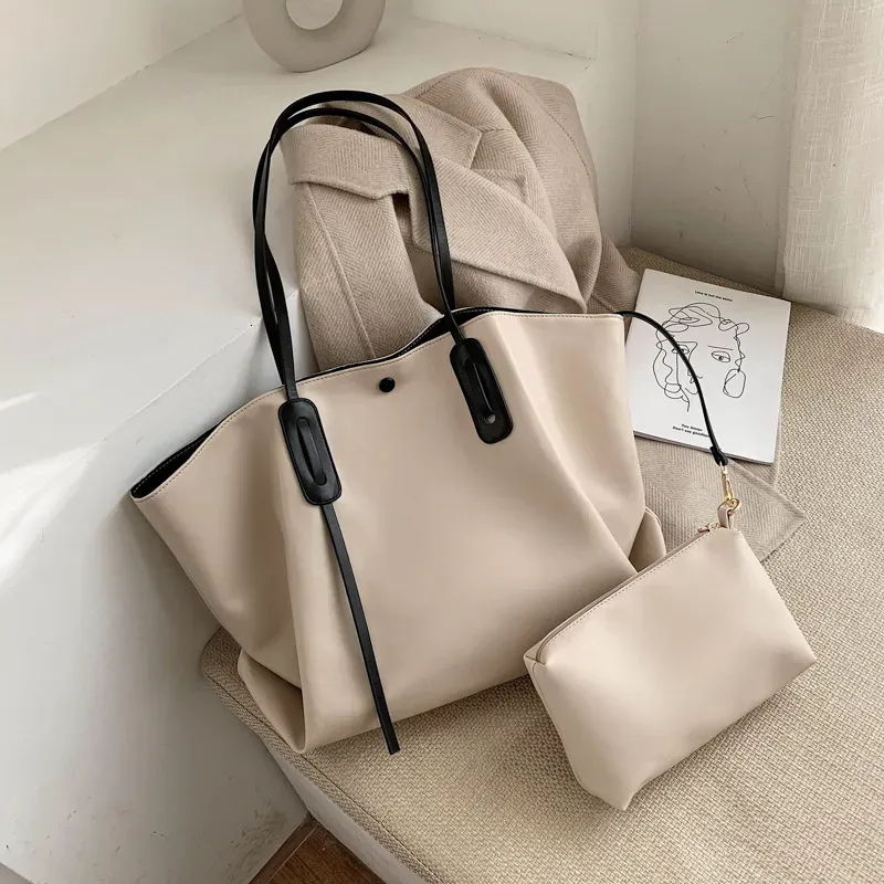2 In 1 Women Casual Design Solid Color Large Capacity Shoulder Handle Bag - Image 7