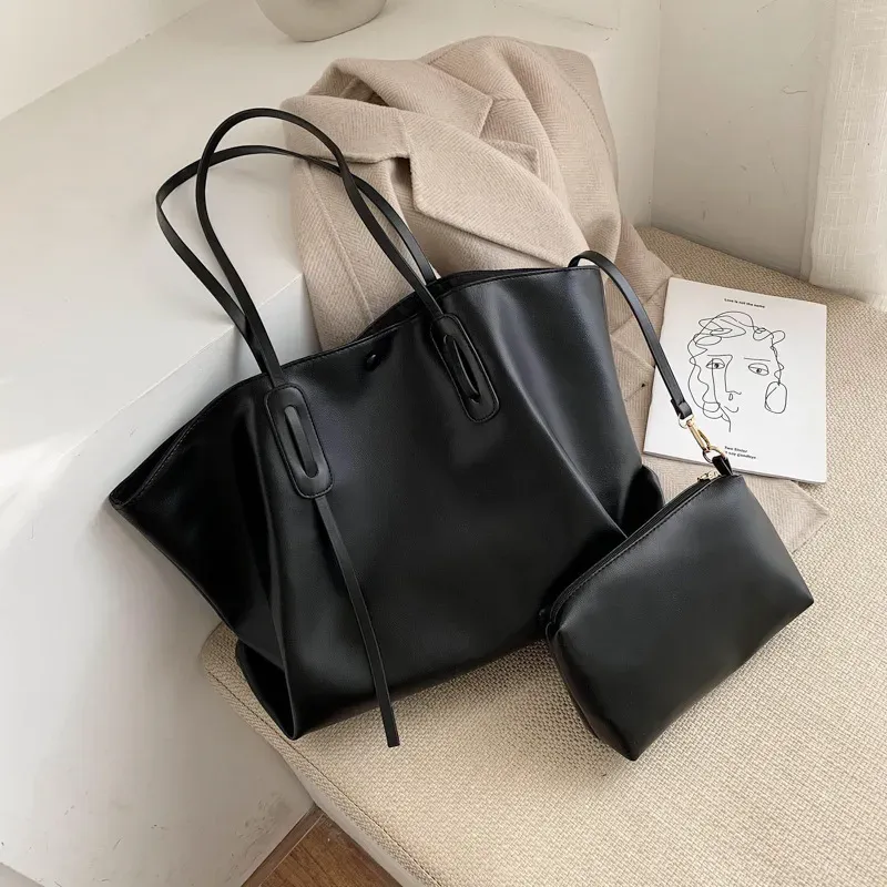 2 In 1 Women Casual Design Solid Color Large Capacity Shoulder Handle Bag - Image 8