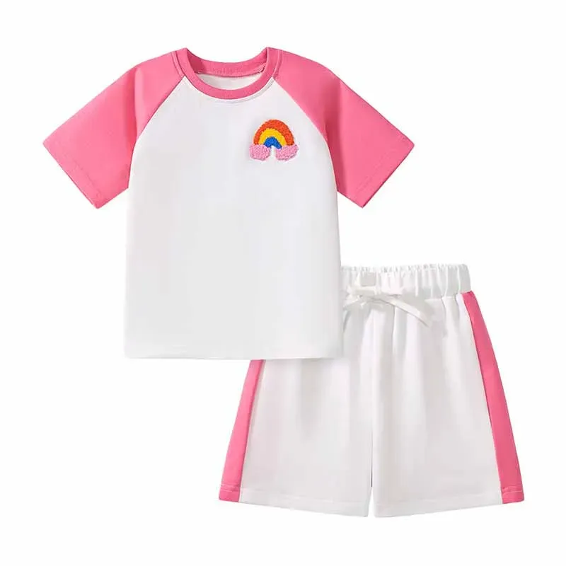 Wholesale Kids Toddler Girls Casual Rainbow Short Sleeve T-Shirt Shorts Sets - Image 5